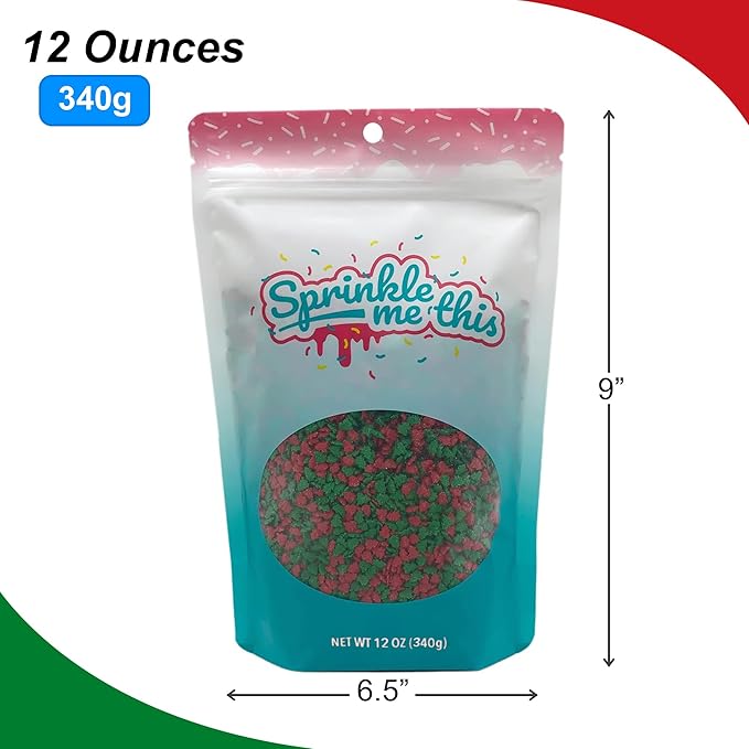 Red and Green Tree Sprinkles - 12 Oz Resealable Stand Up Candy Bag - Christmastime Themed Sprinkles Featuring Christmas Trees - Bulk Sprinkles for Baking or Dessert Topping