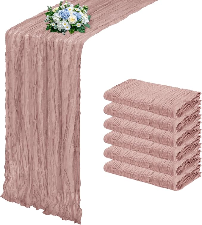 6 Pack Dusty Pink Cheesecloth Table Runner 17x108 Inch Semi Sheer Boho Gauze Cheese Cloth Fabric Table Runners, for Wedding Party Baby Shower Birthday Home Decor Garden Farmhouse