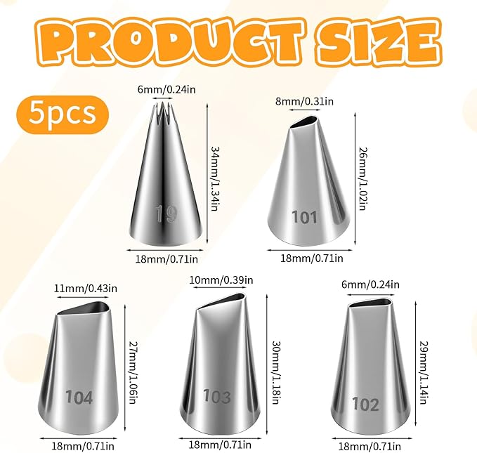 5 Pcs Piping Tips Set Piping Nozzles Set Stainless Steel Cupcake Icing Pipings Kit DIY Icing Nozzle Tool Frosting Tips for Cake Decorating