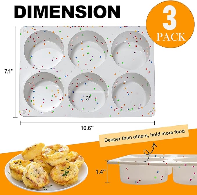 Silicone Egg Bite Molds, 3 Pack Deep 3 Inch Round Molds for Egg Breakfast Sandwiches, Omelets, Dinner Rolls, Baking - White