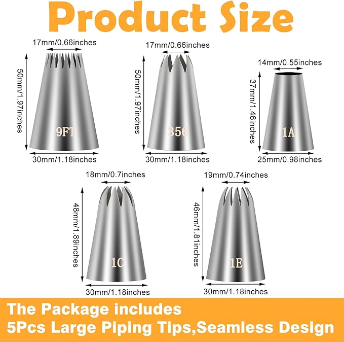 5Pcs Large Piping Tips Set Food Grade Stainless Steel Cake Decorating Tips Frosting Piping Kit for Cupcakes Cake Pastries Cookie Decorating Supplies Baking Set Tools (1A 1E 1C 9FT 356)