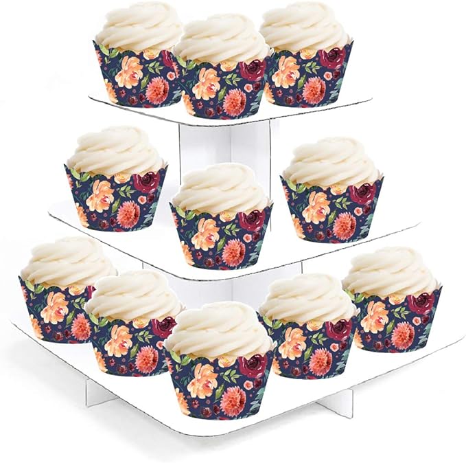 Andaz Press Party Cupcake Wrapper Decorations, Burgundy and Peach Florals on Navy Blue, 24-Pack, For Girls 1st Birthday Baby Bridal Shower Tea Party Themed Decorations