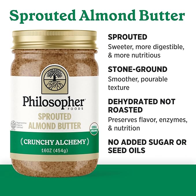 Philosopher Foods - Crunchy Alchemy Organic Sprouted Almond Nut Butter - 16 oz - Stone Ground Regenerative Organic Crunchy Almond Butter with Coconut Oil, Vanilla, and Ancient Seabed Salt