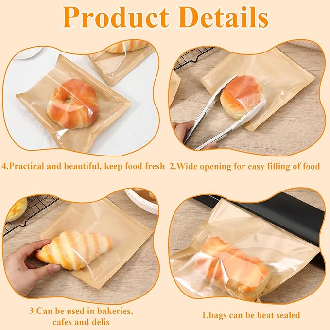 300 Pack Heat-Sealable Cookie Bags with Window, Clear Front Brown Paper Treat Bags, Grease-Resistant Bakery Pastry Bag for Bagel, Cake Slice, Sandwich, Donut, Pastry, Treat, Snack