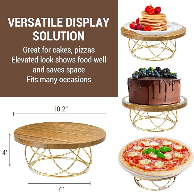 MyGift 10 Inch Round Cake Stand, Premium Acacia Solid Wood Gold Tone Metal Wire Pizza Pan Serving Stand, Table Display Riser for Cupcake Pie Dessert Wedding Party Decor