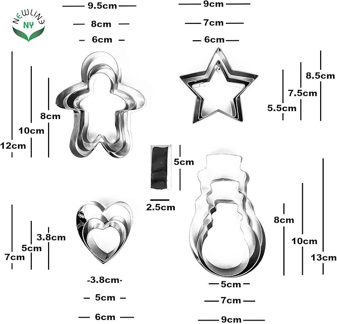 NewlineNY Cookie Molds Cutters Sets: Stainless Steel 13 Pieces Cookie Mold Biscuit Pastry Cutter Set, Man, Star, Heart, Snowman & a Cutter Blade