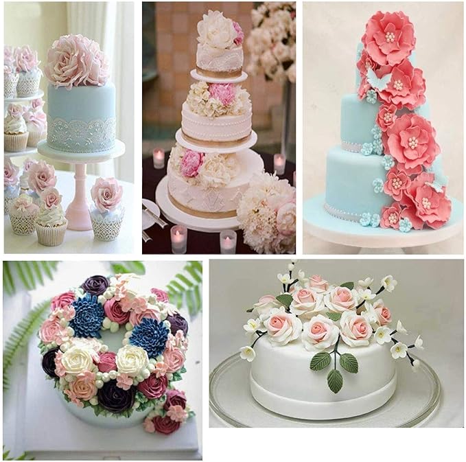 62pcs Gumpaste Flowers and Leaves Fondant Tool Leaf Tool Kit Gum Paste Flower Cutter Set Stainless Steel Flower Cutter Silicone Molds Foam Pad Veining Board Ball Tools Modelling Tools Brushes