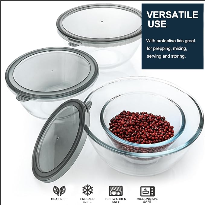 M MCIRCO Glass Mixing Bowls with Lids, 4 Packs Glass Bowl Set, Nesting Bowls for Meal Prep, Food Storage, Bowls For Cooking, Baking, BPA-Free, 0.8/1.7/1.6/2.9/4.8 Qt