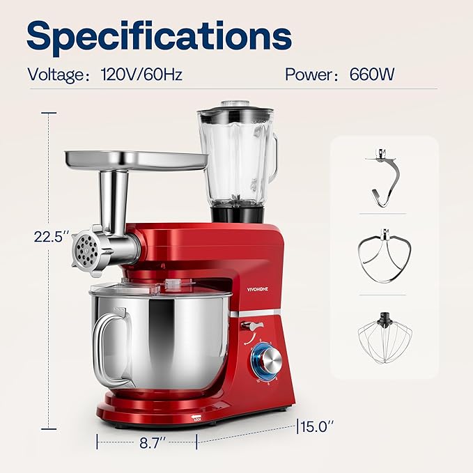 VIVOHOME 6 in 1 Multifunctional Stand Mixer with 8.5 Quart Stainless Steel Bowl, 660W 10 Speed Tilt-Head Meat Grinder, Juice Blender, Vegetable Slicer, Pasta and Cookie Maker, Red