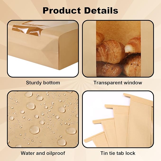 45 Pack Paper Bread Bags for Homemade Baking - Tin Tie Tab Lock Sourdough Bag, Large Loaf Packaging With Clear Window for Storage - 48 Label Seal Stickers for Bakery Use