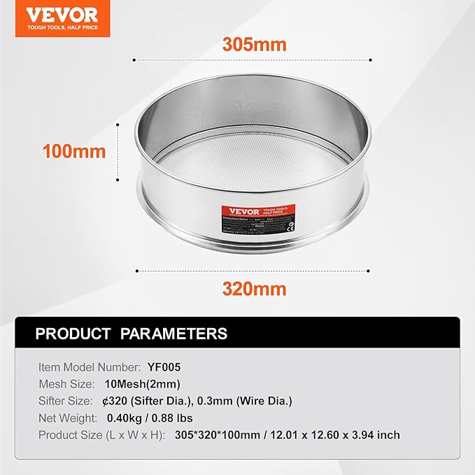 VEVOR Flour Sieve, 10 Mesh Sifter, 304 Stainless Steel Food-grade Fine Mesh Strainer, Dia. 12.6" for Baking, 5 Sizes Mesh Hole for Mungbean, Rice, Pearl Powder