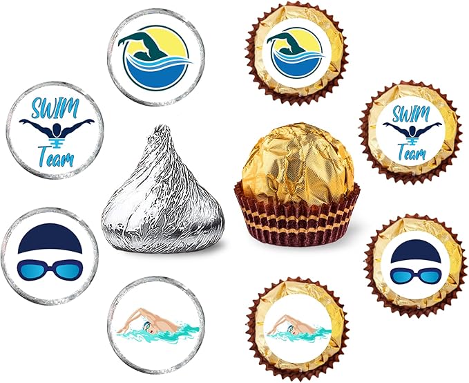 Swim Team Round Candy Sticker - Swimming Party or Birthday Favors Sticker Labels Fit Chocolate Candy (160 Pieces