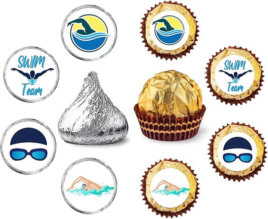 Swim Team Round Candy Sticker - Swimming Party or Birthday Favors Sticker Labels Fit Chocolate Candy (160 Pieces