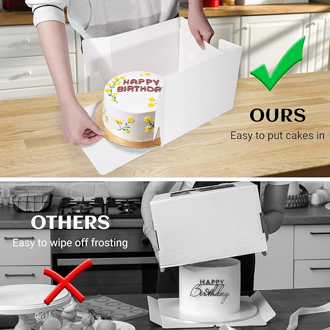 15 Pcs 10x10x8 Inch Tall Cake Boxes with Window, White Square Cheesecake Bakery Boxes, Large Cardboard Cake Baking Boxes with 90 Stickers for Cakes, Pies, Wedding, Birthday Party