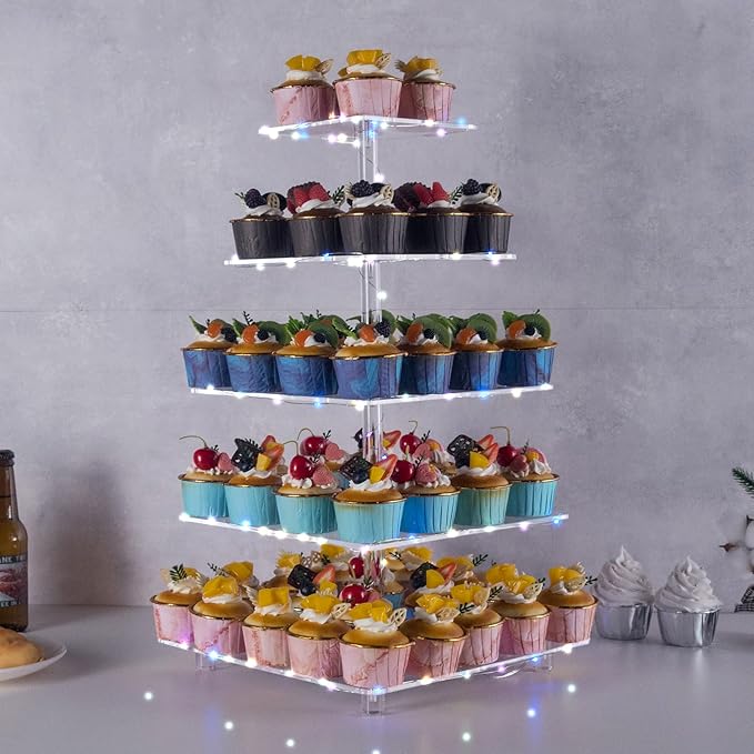 Cupcake Stand, 5-Tier Square Cupcake Holder with LED Light String, Acrylic Cupcake Tower Display-Dessert Tower-Pastry Stand-Cupcake Tier Stand for Wedding, Birthday Party (Colorful Light)…
