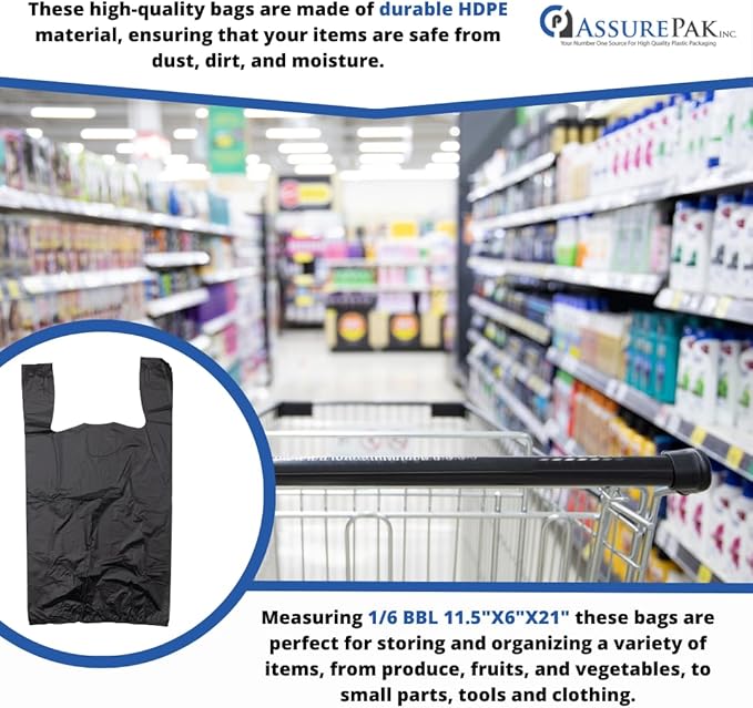 ASSUREPAK Easy Open - 1000 Bags - Black Unprinted HDPE T-Shirt Bags - 1/6 BBL 11.5"X6"X21" - 13 microns - Black - LOOP-BLACK-EO