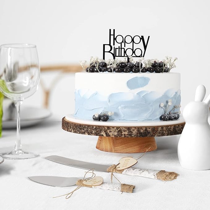 12” Wood Cake Stand with Wooden Slice Cake Topper and Cake Cutting Set, Suitable for Wedding Receptions or Any Special Events