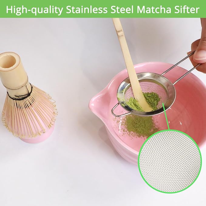 Matcha Whisk Set, Pink Matcha Kit Set with Bowl, Whisk, Bamboo Scoop, Scoop Rest, Sifter - 5 Pcs Matcha Kit for Lover