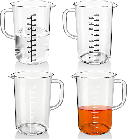 Plastic Measuring Cups - 4 CUP 4PCS Liquid Measuring Cups with Handle and Spout,Multiple Measurement Scales Acrylic Material Measure Cups (4CUPX4)