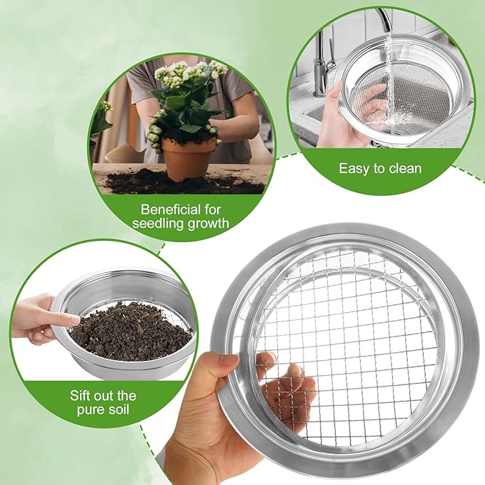 Soil Sifter for Gardening Stainless Steel Soil Sifting Pan Round Sifter for Rocks with 1,3,6,9,12mm Sieve Mesh Bonsai Soils Scoops and Garden Mat Set Garden Sieve Soils Sifters for Gravel, Sand