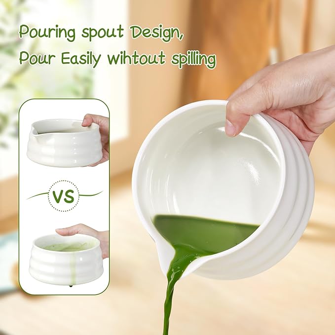 7 Pcs Matcha Whisk Set Macha Kit with Chawan Spout Bowl Bamboo Brush Chasen Holder Powder Starter Sifter Ceramic Japanese Making Matcha Tea Tool with Spoon and Tea Towel for Ceremony Gift (White)