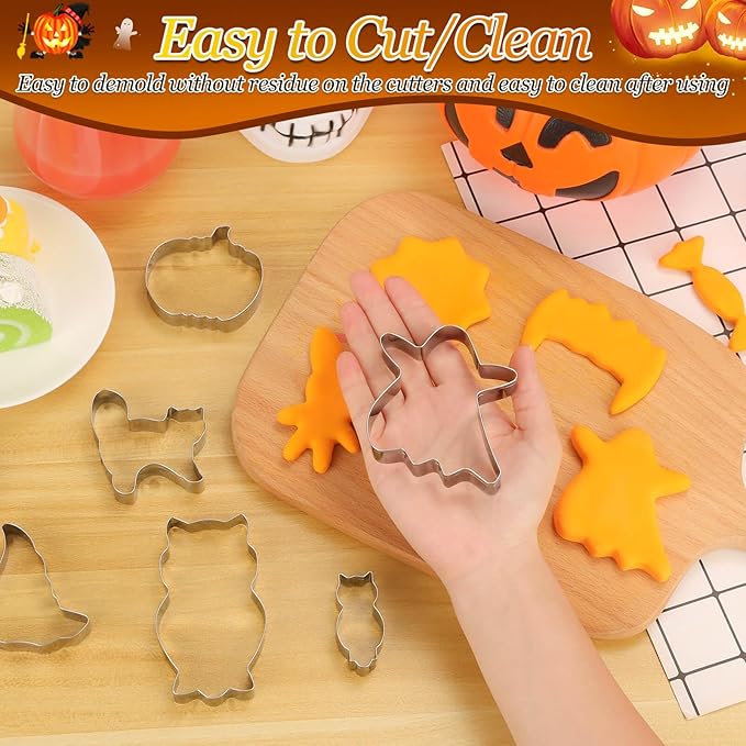 Lezmarket 20Pcs Halloween Cookie Cutters, Stainless Steel Baking Supplies for Halloween Cookie Sandwich Party Decorations- Ghost Pumpkin Cat Bat Coffin Witch Hat Skull Candy Broom Spider Owl Tooth