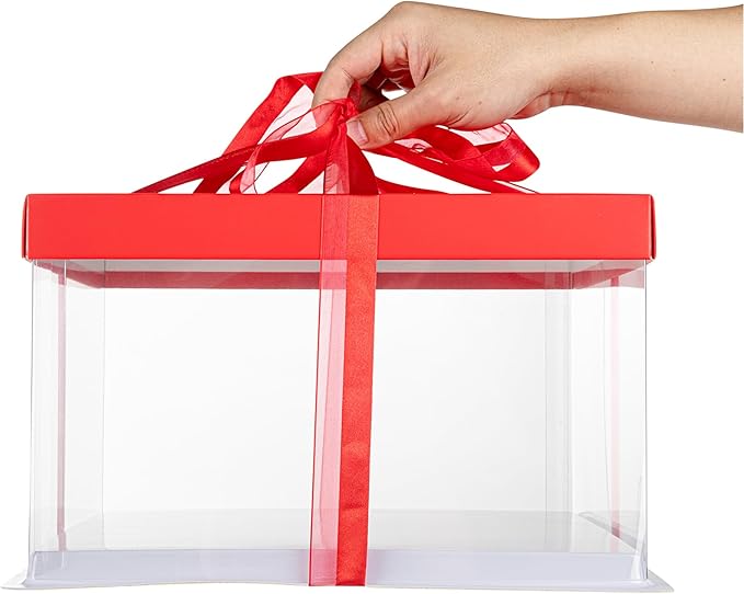 Restaurantware Sweet Vision 10 Inch x 8.25 Inch Transparent Cake Boxes 10 Grease Resistant Base Clear Cake Boxes - Red Lid Red Ribbon Plastic Birthday Cake Boxes For Weddings Or Birthdays