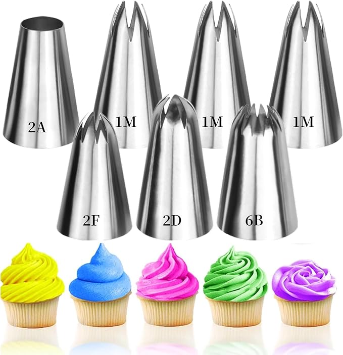 7Pcs 1M 2D 2F Large Piping Tips Set, Stainless Steel Cake Decoration Piping Tips, Piping Nozzles Baking Tools For Buttercream Icing Birthday Cake Cupcake DIY Art