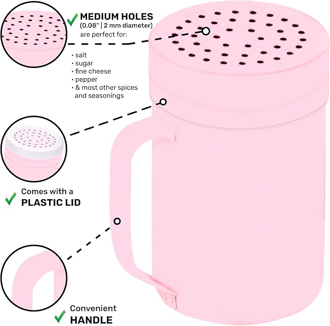 CUSINIUM 14oz Pink Stainless Steel Salt Pepper Dredge Shakers - With Plastic Cap - With Handle - Pack of 2