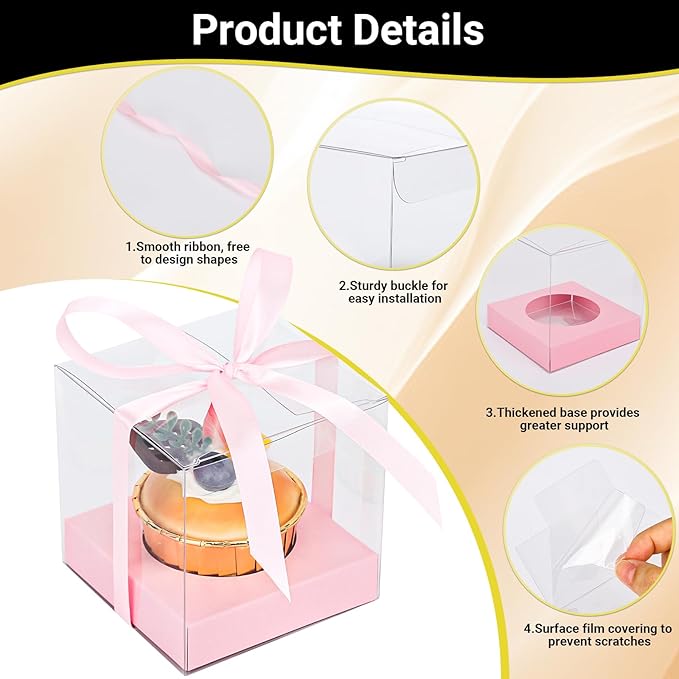 EUSOAR Plastic Pink Cupcake Boxes, 12pcs 3.5 Inch Clear Individual Cupcake Containers Storage for Cake Dessert, Single Transparent Cupcake Holder Carrier with Ribbons for Wedding Party Bakery Favor