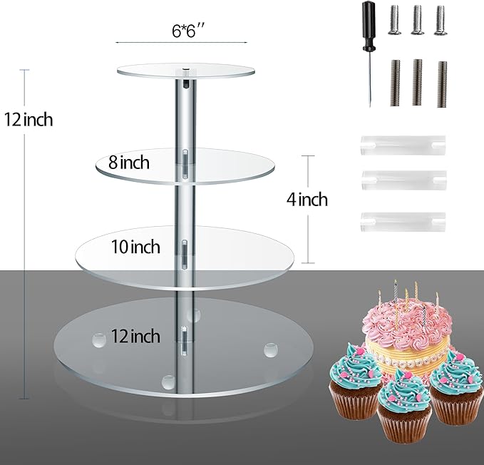 Clay Tonic 4 Tiered Acrylic Glass Premium Cupcake Holder-Cake Stand-Cupcake Stand-Dessert Stand-Tea Party Serving Platter (Round)