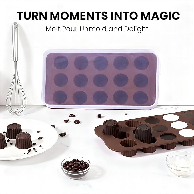 2 PCS Chocolate Molds with Lid,15 Cavity Round Non Stick Baking Silicone Mold for Peanut Butter Cup Jelly Food Grade Candy Truffles Ice Cake Mold,for Decor Party Christmas Birthday Gift