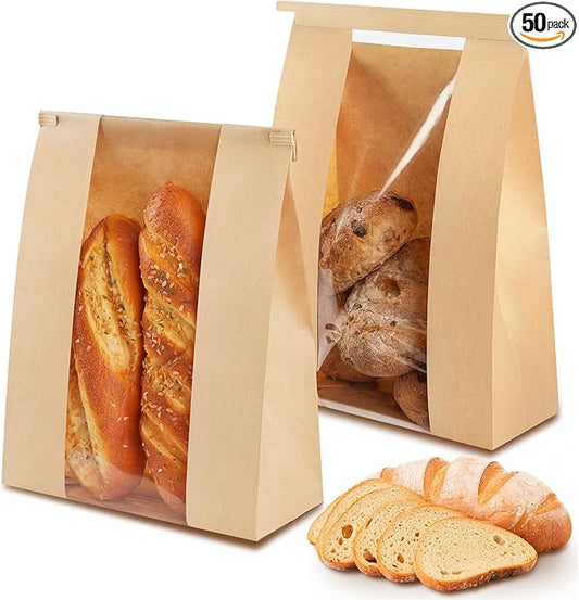 50 PCS Large Paper Bread Bags for Sourdough Bread, 13.7 x 8.2 x 3.5 Inches Bakery Bags with Window, Homemade Bread Loaf Bags with Tin Tie Tab Lock