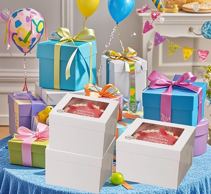 YYaaloa 10x10x8 Cake Boxes with Boards Sets 10 Inch with Window Clear Bakery Dessert Box Square White Disposable Bakery Box for Cakes Pastries Chocolates Cookies Pie Birthday Party Wedding (15)