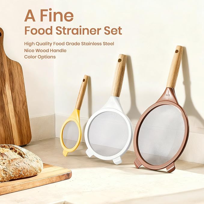 Wood Handle Strainers Fine Mesh Set, 3 Pcs Stainless Steel Sifter for Baking, Plastic Colorful Mesh Strainer with Handle for Juice, Flour, Rice, Tea Straining- 3 Sizes