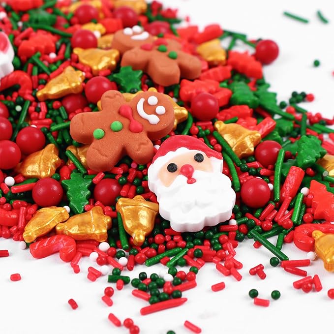 Christmas Sprinkles Mix with 4 Santa & 2 Gingerbread Man Icing Decorations - 4.2oz Red Green Jimmies, Nonpareils, Trees, Candy Canes Holidy Sprinkles for Cake Cookie Cupcake Xmas Decorations