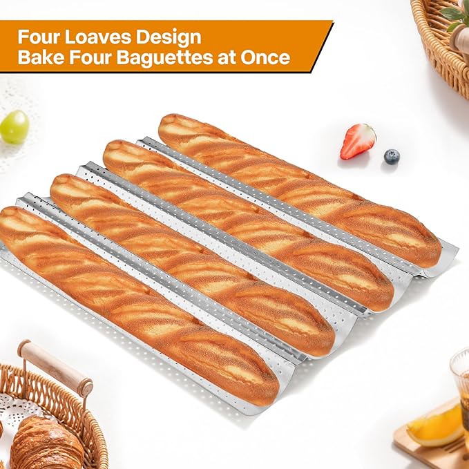 Silver French Baguette Bread Pan Kit, Non-Stick Baguette Tray with Proofing Cloth, Bread Lame for Baking