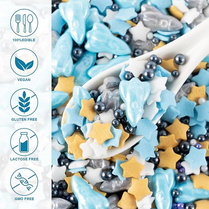Space Theme Sprinkles Edible Blue Sliver Rocket Stars Sprinkles Galaxy Spacecraft Pearls Sugar Candy for Cookie Decorations Baking Cake Cupcake Topper Decoration 4.2 Ounce