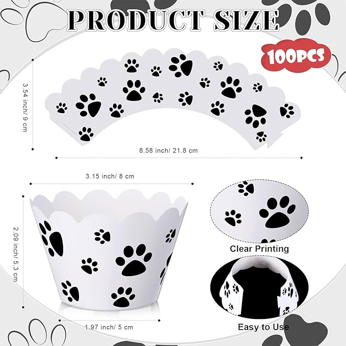 Domensi 100 Pcs Dog Paw Cupcake Wrappers Puppy Themed Cupcake Liners Rustic Baking Cups Baking Liners for Spring Summer Wedding Bridal Baby Shower Birthday Party Supplies Dessert Decoration