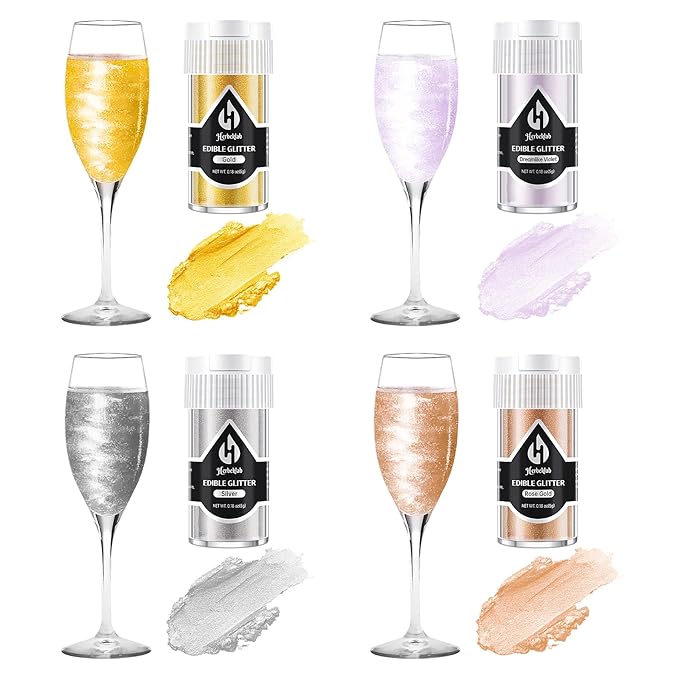 Edible Glitter – 4 Colors Luster Dust Drink Glitter, Food Grade Cocktail Shimmer Powder for Beverages, Cakes, Chocolate & Candy, 5g/Bottle