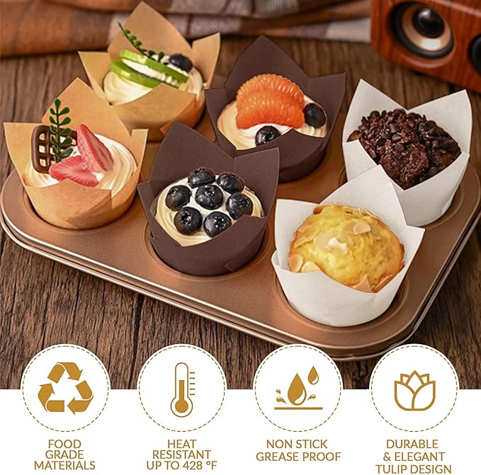 50 Pieces Cupcake Liners for Baking-2-1/4" x 4" Natural,Brown,White 3 colours for Wedding, Birthday Party, Standard Size, Natural Color (Standard-Pro)