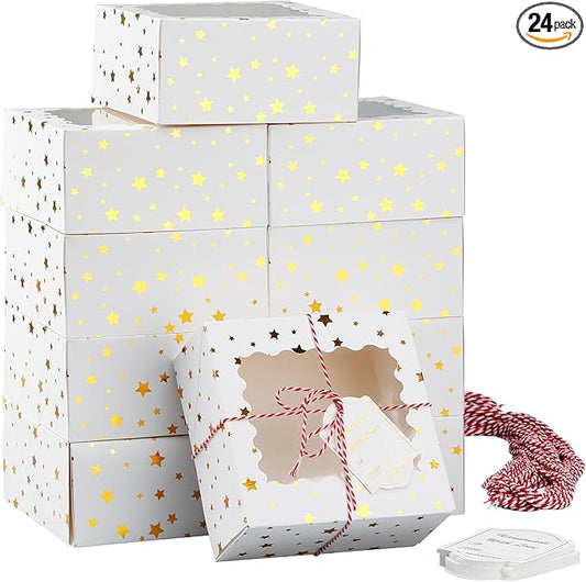 24 Pack 6X6X3 Christmas Cookie Boxes with Window,Gift Giving Gold Foil Star White Bakery Boxes for Mini Cake Pastry,Dessert Cupcakes,Candy Donut Packaging.