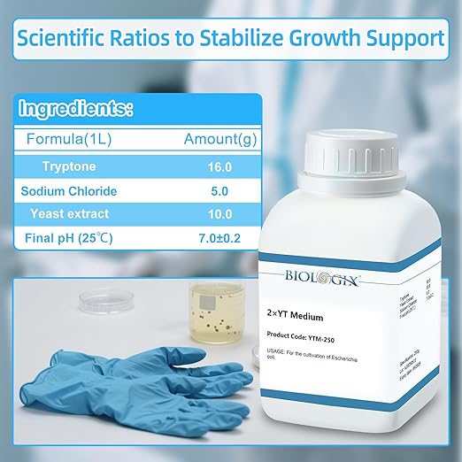 2×YT Medium Powder, Culture Media with Tryptone, Yeast Extract & Sodium Chloride for E. coli Growth, Lab Bacterial Culture Medium, 250g/ Bottle