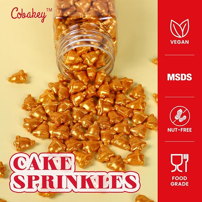 Christmas Bells Sprinkles for Cake Decorating, Gold Bells Sprinkles Perfect for Cupcake Toppers Wedding Party Valentines Halloween Christmas Supplies 3.52 Ounce