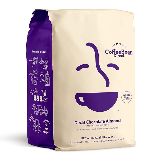Coffee Bean Direct Decaf Chocolate Almond Flavored, Whole Bean Coffee, 5 Pound Bag (Pack of 1)