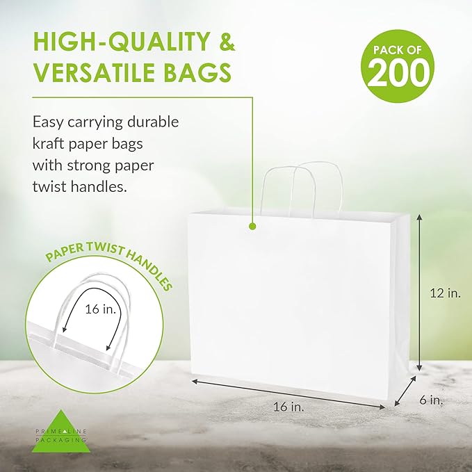 Prime Line Packaging White Gift Bags, Paper Shopping Bags with Handles for Small Business, Boutique, Merchandise, Retail, Party Favors, Bulk, 16x6x12, 200 Pack