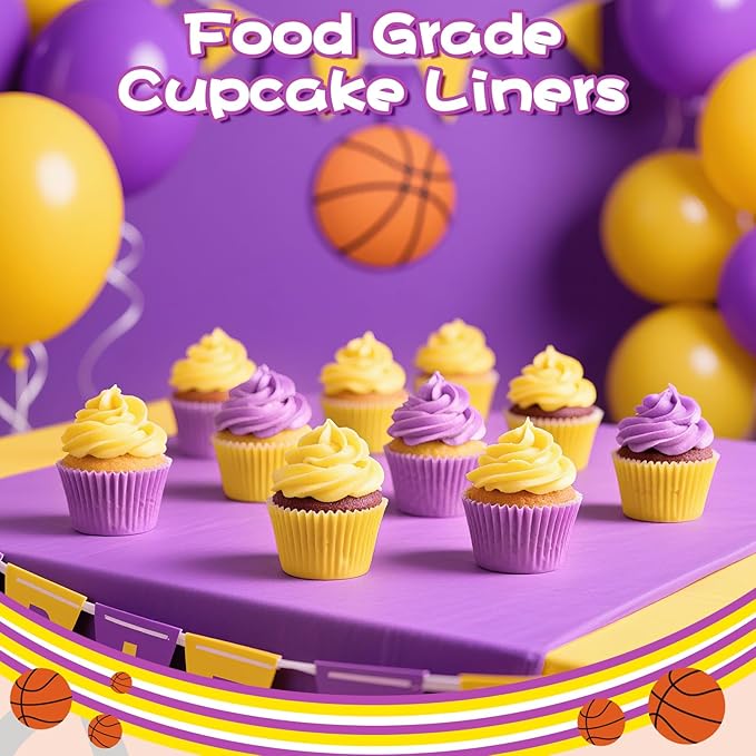 200PCS Purple and Yellow Cupcake Liners Muffin Baking Cups Wrappers for Yellow and Purple Birthday Party Supplies Disposable Pastel Cupcake Papers for Sports Theme Basketball Birthday Party Decoration
