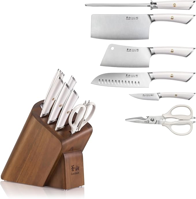 Cangshan ELBERT Series German Steel Forged Cleaver Knife Block Sets, Acacia (7-Piece, White)