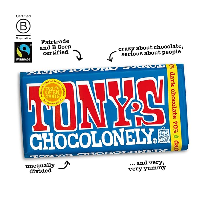 Tony’s Chocolonely Belgian Dark Chocolate Halloween Candy Bar, Pure Chocolate Bar for Snacks, Party Favors, Gifts, or Gift Basket, Vegan, 70% Cacao, Made From Quality Fairtrade Cocoa, 6.35 Oz, 4 Bars
