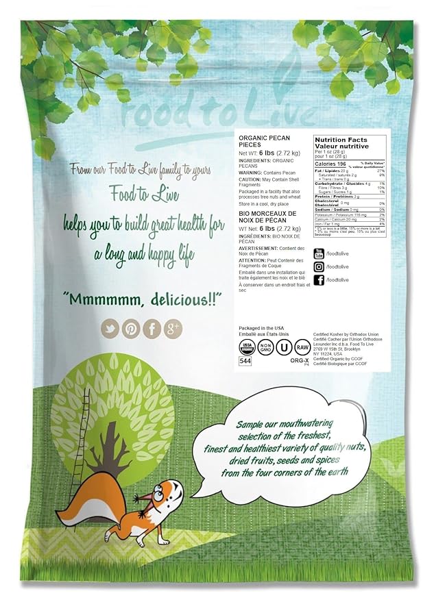 Food to Live Organic Pecan Pieces, 6 Pounds – Raw, Chopped Pecans, Non-GMO, Unsalted, Unroasted, Kosher, Shelled, Vegan, Keto, Sirtfood, Bulk. Good Source of Iron, and Calcium. Best for Baking.